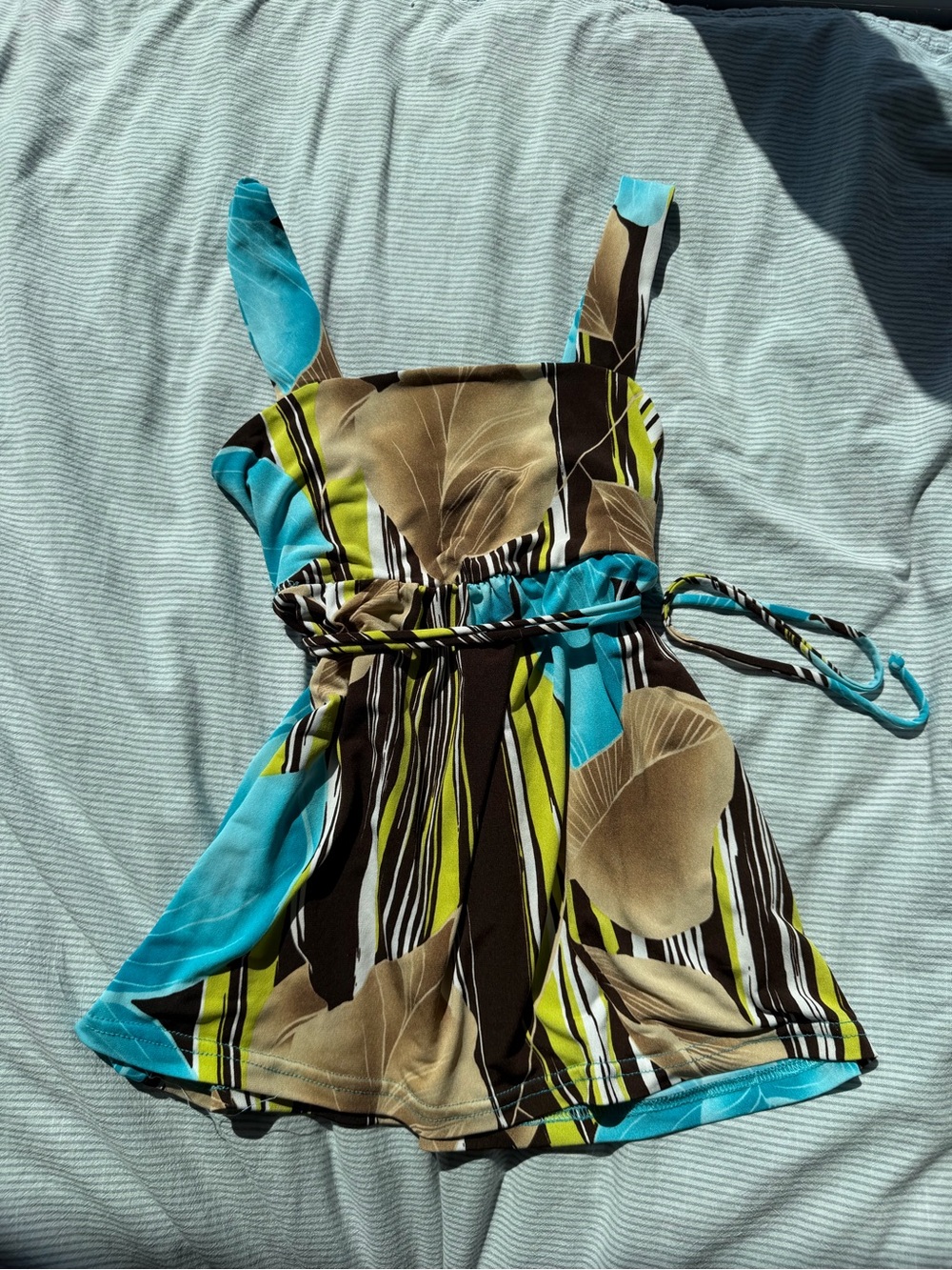 Y2K babydoll tie top Turquoise and Brown Striped Floral